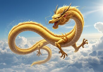 Majestic Golden Dragon Soaring in Sky, Fantasy Art, Mythical Creature, Cloudscape, Illustration