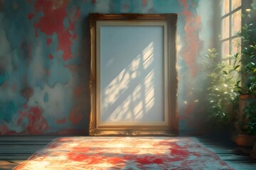 Empty Golden Frame Leaning on Red Rug in Room with Plants and Sunlight
