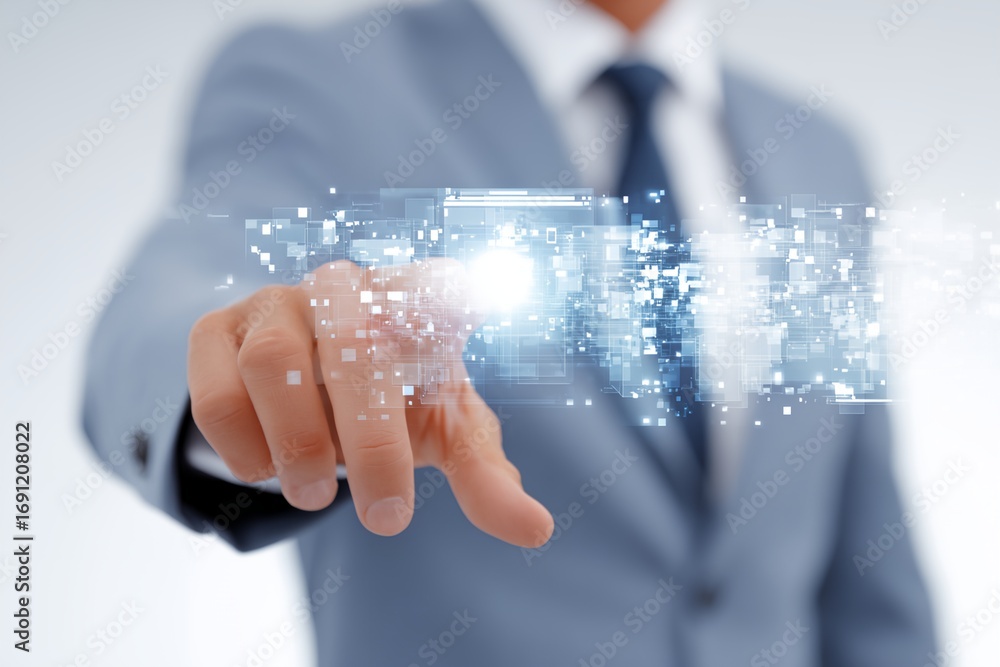 Poster man in a suit is pointing at a computer screen