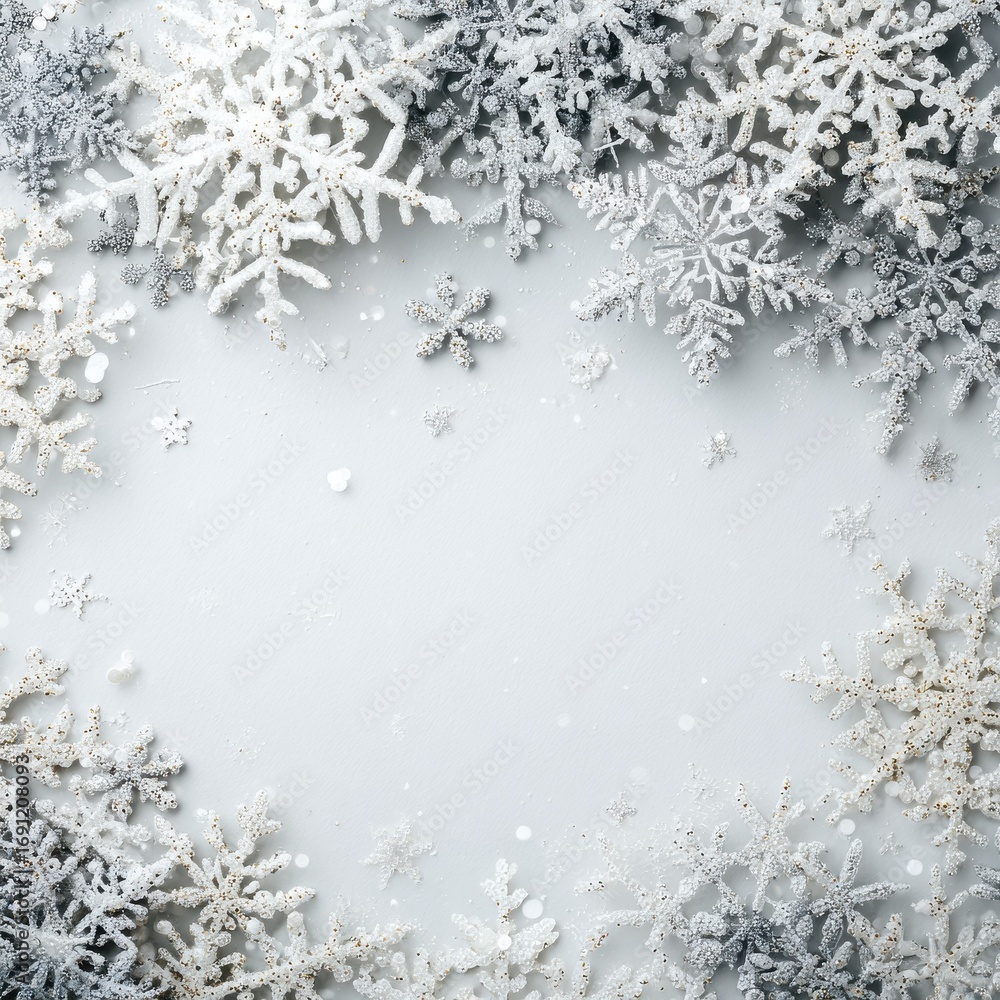 Poster white background with decorative snowflakes placed around the frame copy space in the center concept