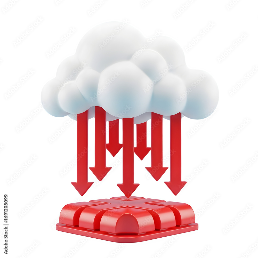 Poster 3d illustration of red arrows flowing from a white cloud to a red platform isolated on transparent b