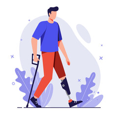 Illustrated man using a cane and prosthetic leg walking through nature, symbolizing strength, rehabilitation, and mobility.
