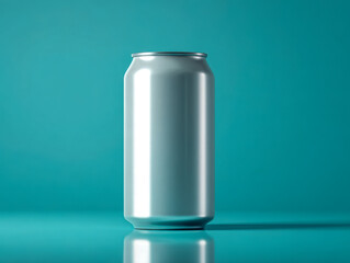 A sleek, modern aluminum beverage can standing upright on a smooth surface against a teal background, emphasizing minimalist design and clean aesthetics.