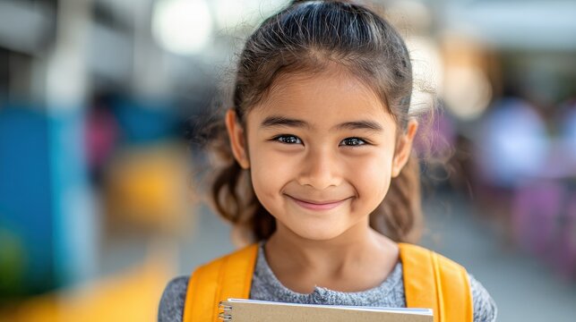 smiling student girl wearing school backpack and holding exercise book portrait of happy asian young girl outside the primary school closeup face of smiling hispanic schoolgirl looking at camera no l