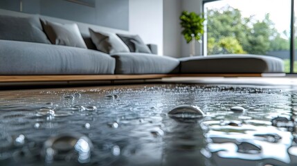 水浸しになった床のリビングルーム ソファと大きな窓のあるモダンなデザイン