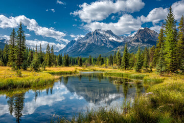 Serene mountain landscape with crystal clear river reflecting blue sky and lush evergreen pine trees alongside golden grasslands on a sunny day