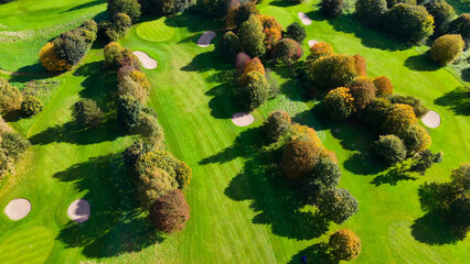 Drone view of autumn golf course in Germany.