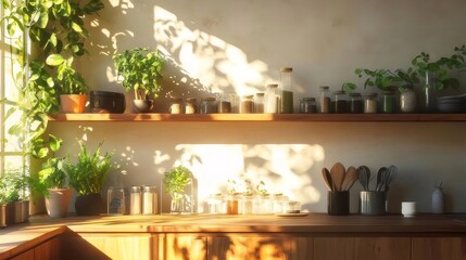 晴れた日のキッチンの光と影 木のカウンターと棚に置かれた植物とガラス瓶 自然光が差し込む穏やかな空間