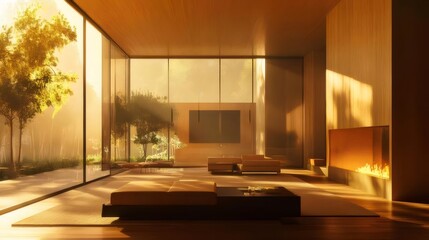 Warm Sunlight Streaming Into Modern Living Room with Fireplace and Minimalist Furniture