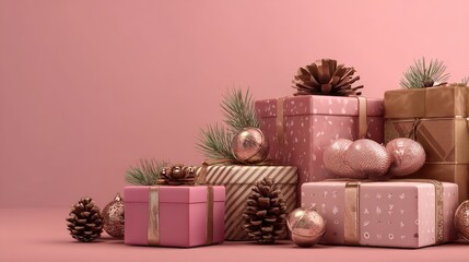 christmas gifts in the bottom right corner with studio lighting clean pink background