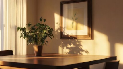 Indoor Dining Room with Potted Plant on Wooden Table against Wall Art in Warm Sunlight