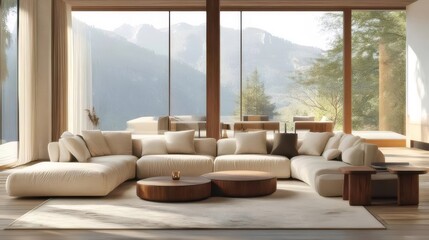 豪華なアイボリーのソファと木製のコーヒーテーブルのあるインテリア デザインのリビング ルームの眺め