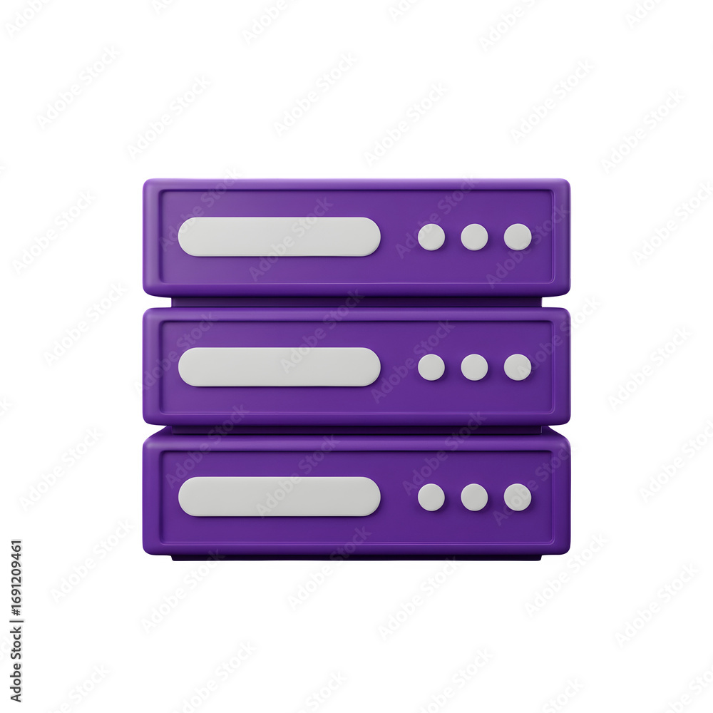 Poster 3d illustration of purple server stack isolated on transparent background, representing data storage