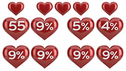 Red heart shapes with percentage and number symbols, representing discounts and offers, isolated on transparent background