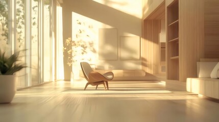 日の光が降り注ぐミニマリストリビングルーム木製家具と観葉植物のある現代的なインテリアデザイン