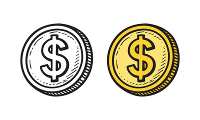 Illustration of dollar coin, simple hand drawn style for finance, business, and money concept design.