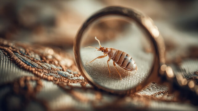 Magnified view of a bed bug on fabric textile showing detailed insect features and texture on an embroidered surface under warm lighting conditions