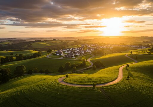 Drone View of Scenic Village at Sunset Rolling Hills, Winding Road, Golden Hour, Scenic Landscape.