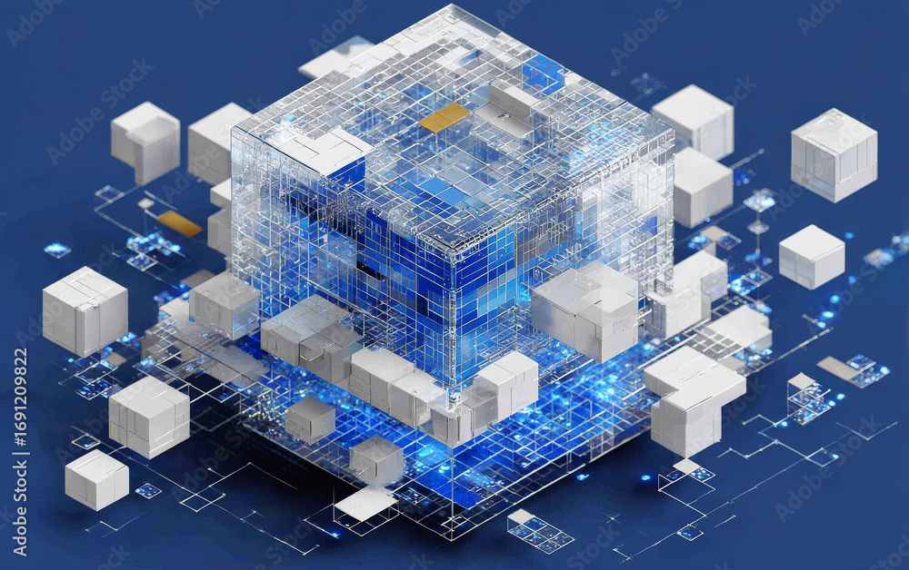 Poster abstract 3d cube structure with connected blocks and blue lines