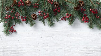 christmas tree branches with red berries and pine cones on a white wooden background a banner for web design or a social media post template viewed from above
