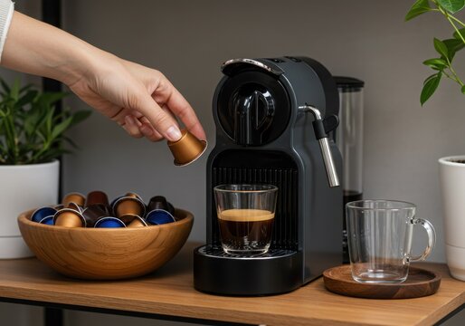 Hand inserting coffee capsule into modern espresso machine with coffee pods