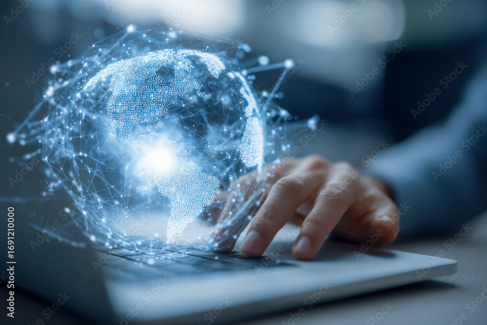 Aufkleber person interacting with futuristic digital globe hologram representing global connectivity and advan