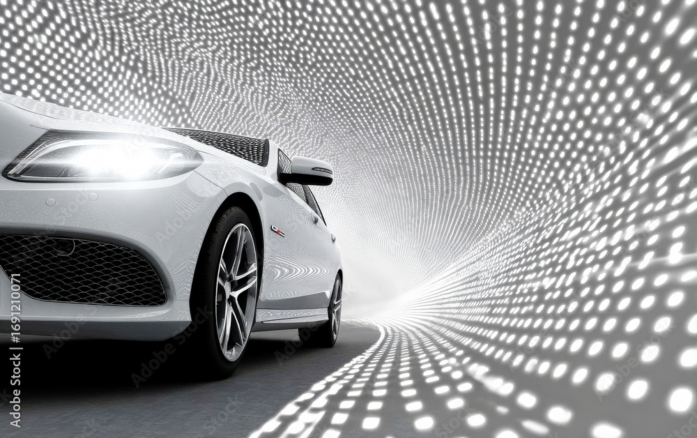 Poster modern car with unique light tunnel display showcasing advanced design