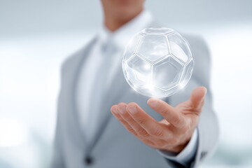 Man is holding glass ball in his hand