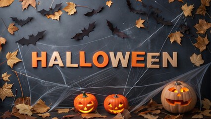 Festive halloween decorations with carved pumpkins bats and autumn leaves on a dark textured background