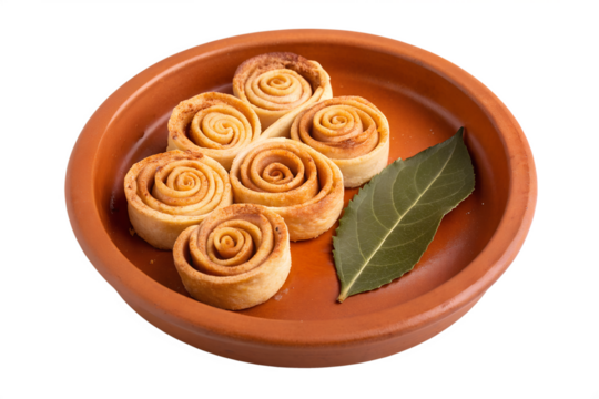 Sweet and aromatic homemade cinnamon rolls, beautifully arranged in a rustic terracotta dish, elegantly garnished with a fresh bay leaf, a delightful baked treat