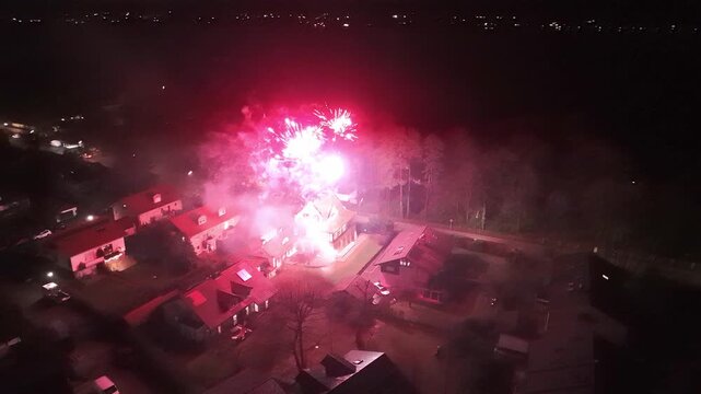 New Year Fireworks Over Starnberg, Germany Drone View