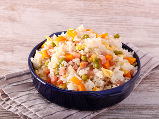 Yangzhou fried rice with egg, ham, peas and carrot