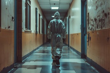 Fototapeta premium Scientist walking down decaying hospital corridor wearing hazmat suit, exploring and investigating