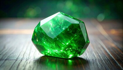 Emerald gemstone on wooden surface
