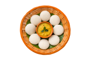 A treasured circular arrangement of soft, steamed South Indian idli rice cakes surrounding a golden bowl of savory sambar, a wholesome and auspicious breakfast