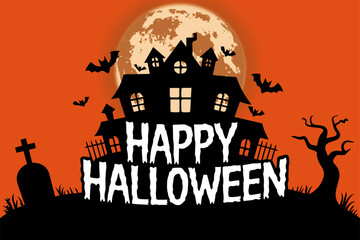 A haunted house silhouette stands against a bright orange sky, illuminated by a full moon. Bats fly around while Halloween greetings enhance the festive atmosphere.