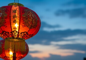 Obraz premium Illuminated Red Chinese Lanterns Against a Dusk Sky Festive Decorations and Cultural Symbolism.