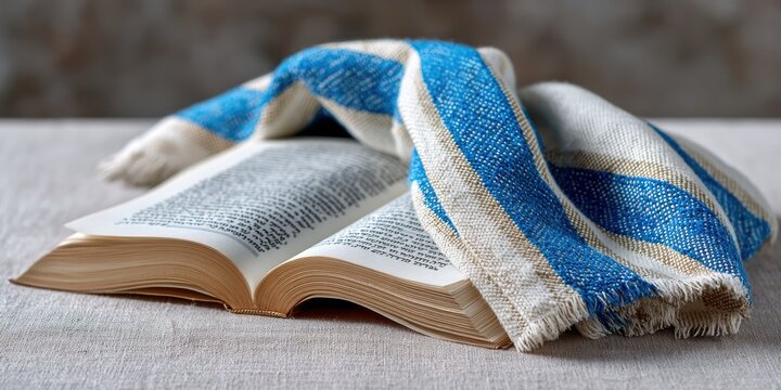 religious photography, professional jewish prayer book siddur and traditional blue and white tallit prayer shawl in sharp detail, with authentic religious formatting and soft lighting, capturing