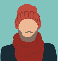 Abstract young man portrait in beanie hat. Faceless male character with beard and moustache. Person poster, head avatar, hand drawn vector illustration.