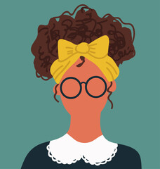 Girl, blank empty face portrait. Abstract faceless female head with headband with a bow. Hand drawn vector illustration.