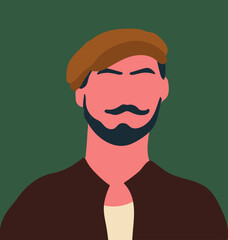 Abstract male portrait, poster. Modern trendy fashion man with beard, peaked cap. Faceless character, unique user profile in leather jacket. Hand drawn vector illustration.