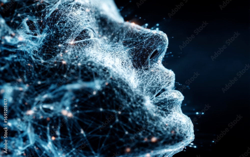 Poster digital network connecting human face and technological elements