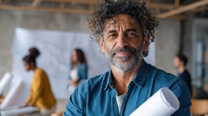 portrait of multiethnic architect with blueprints in creative office mature middle eastern contractor holding roll of architectural projects while looking at camera happy latin man in casual no logos