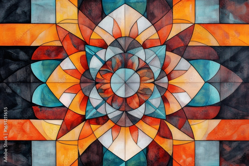 Poster geometric shapes form a colorful abstract mandala, creating a captivating visual experience with vib