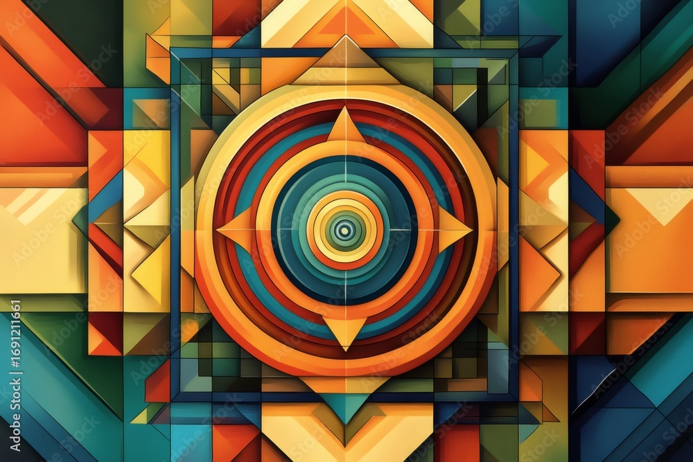 Poster Geometric mandala featuring overlapping shapes, creating a vibrant and colorful design full of dynamic patterns and modern artistic elements
