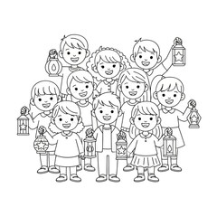 Group of Children Holding Lanterns Outline Illustration