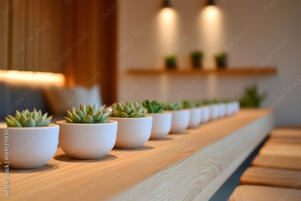 Poster row of small succulents in white pots on a wooden table creating a calming and stylish atmosphere in