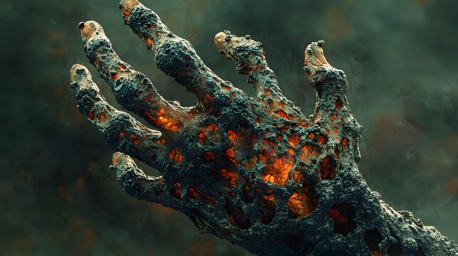 A close-up of a haunting hand, its form distorted by a chilling fiery transformation. The texture is rough and otherworldly, and the tones evoke a sense of unease and wonder.