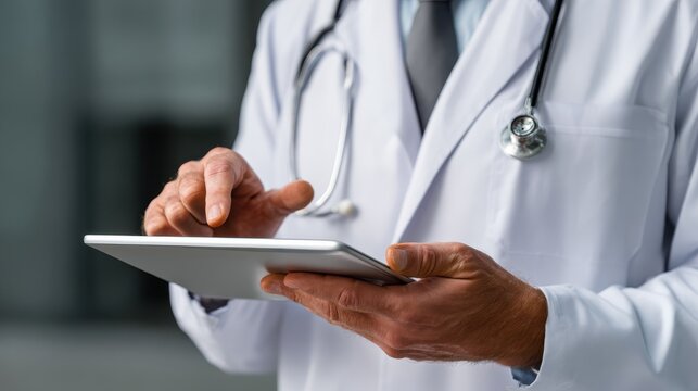male doctor holding digital tablet in hands using blank white mockup screen technology for medical healthcare tech website ads concept video call e telehealth online appointment over shoulder view no