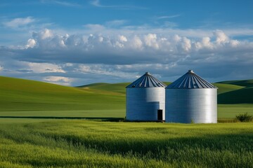 Grain silos standing on green farmland under cloudy sky.